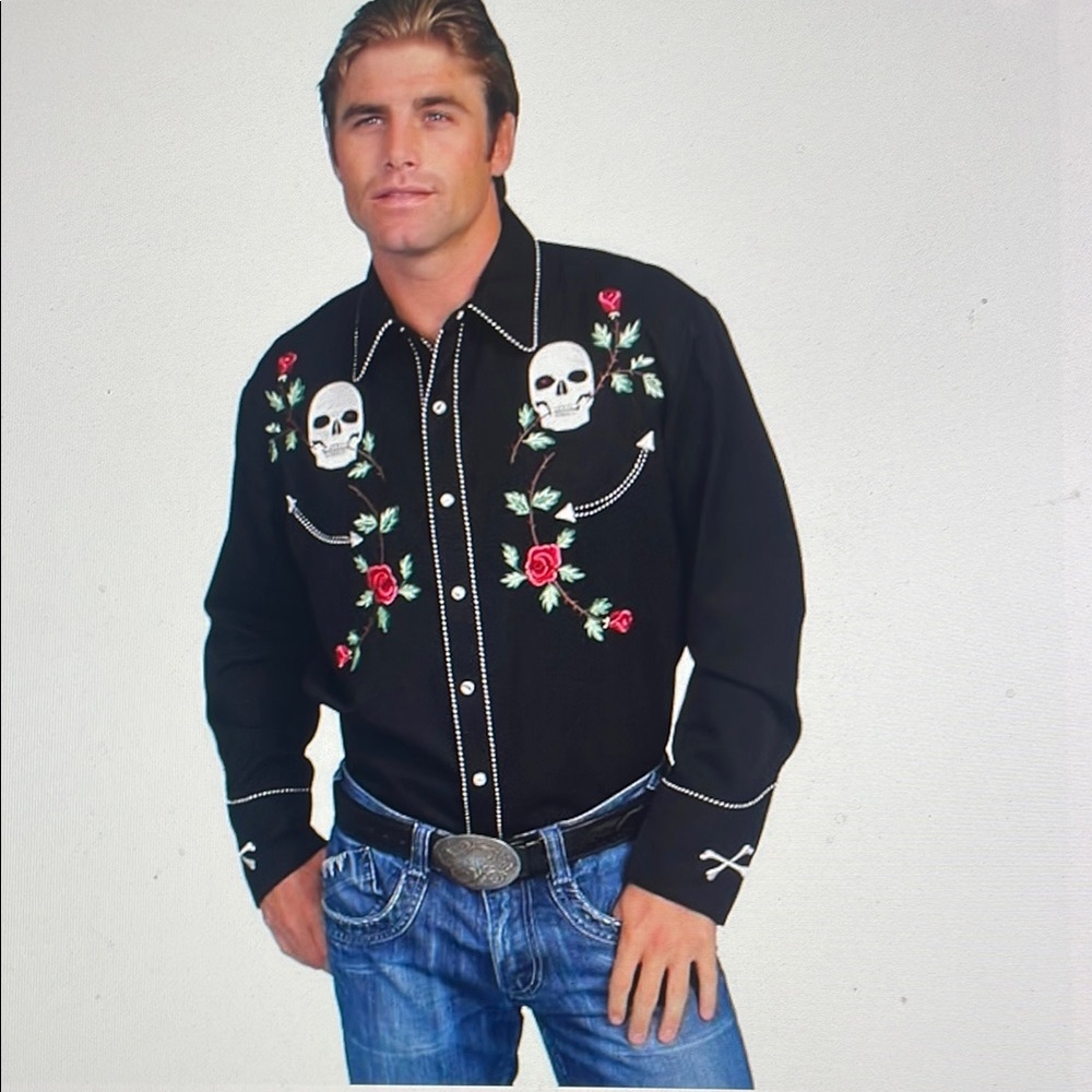 Scully Black Western Shirt with Skull and Rose Embroidery, XL